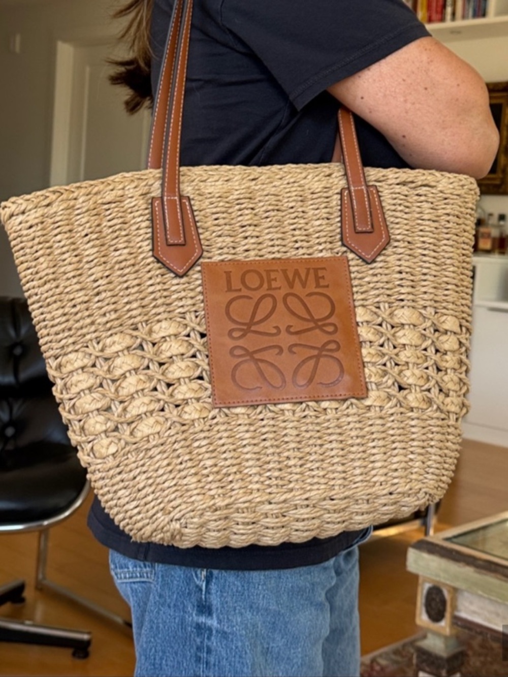 Loewe Natural Raffia Tote with Tan Leather Logo Patch